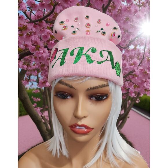 AKA Alpha Kappa Alpha Pink Beanie design with Roses, Rhinestone and Pearls - Picture 1 of 5